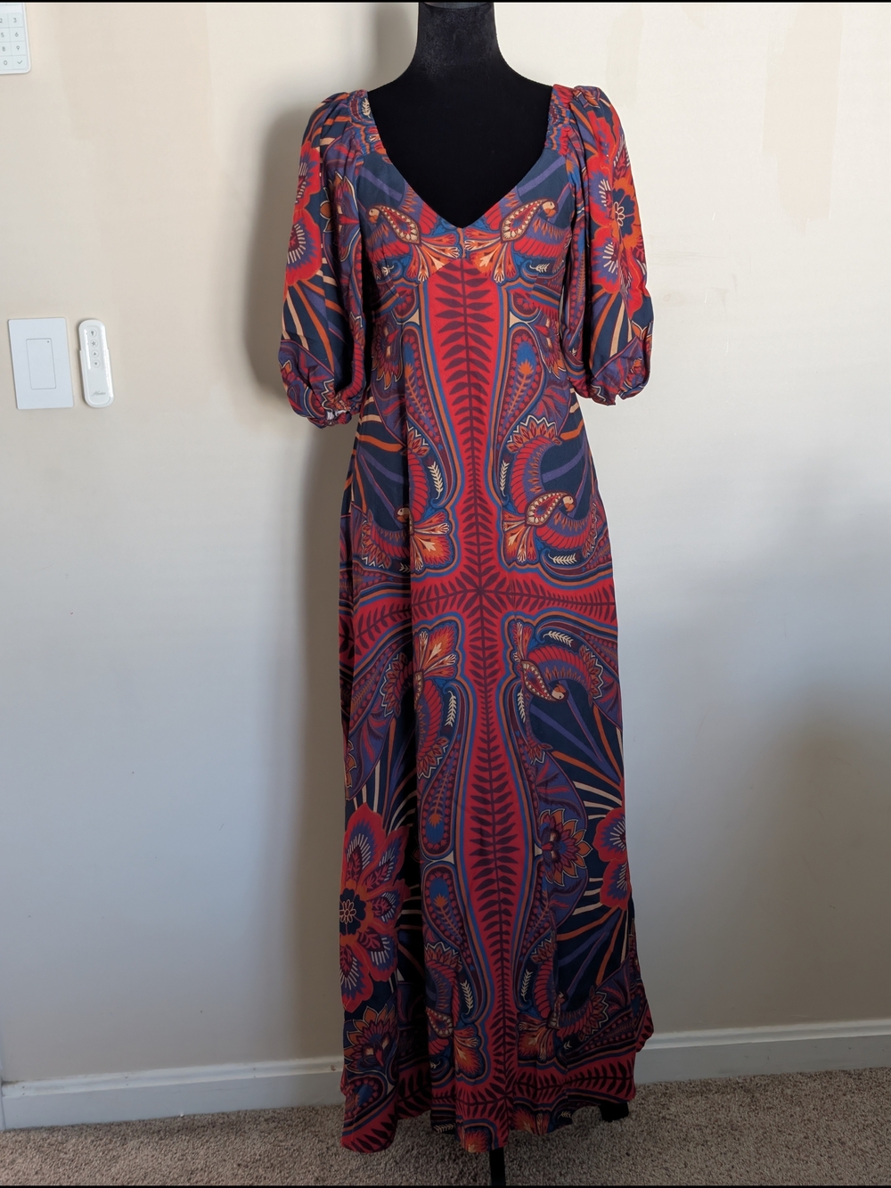 Farm Rio Macaw Arabesque Maxi Dress Eco-Viscose XS V-neck Puff Sleeve - Picture 4 of 10